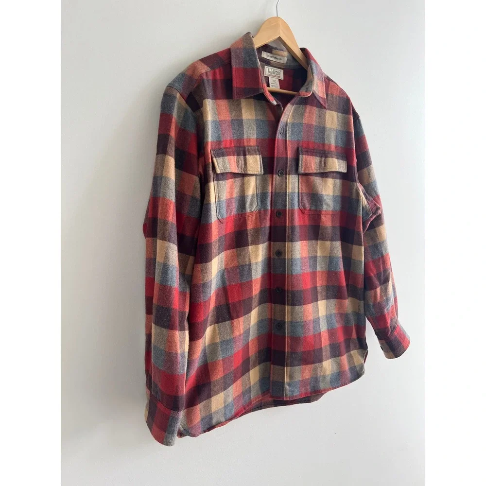 L.L. Bean Chamois Cloth Cotton Shirt Mens L Red Tan Plaid Traditional Fit 277981